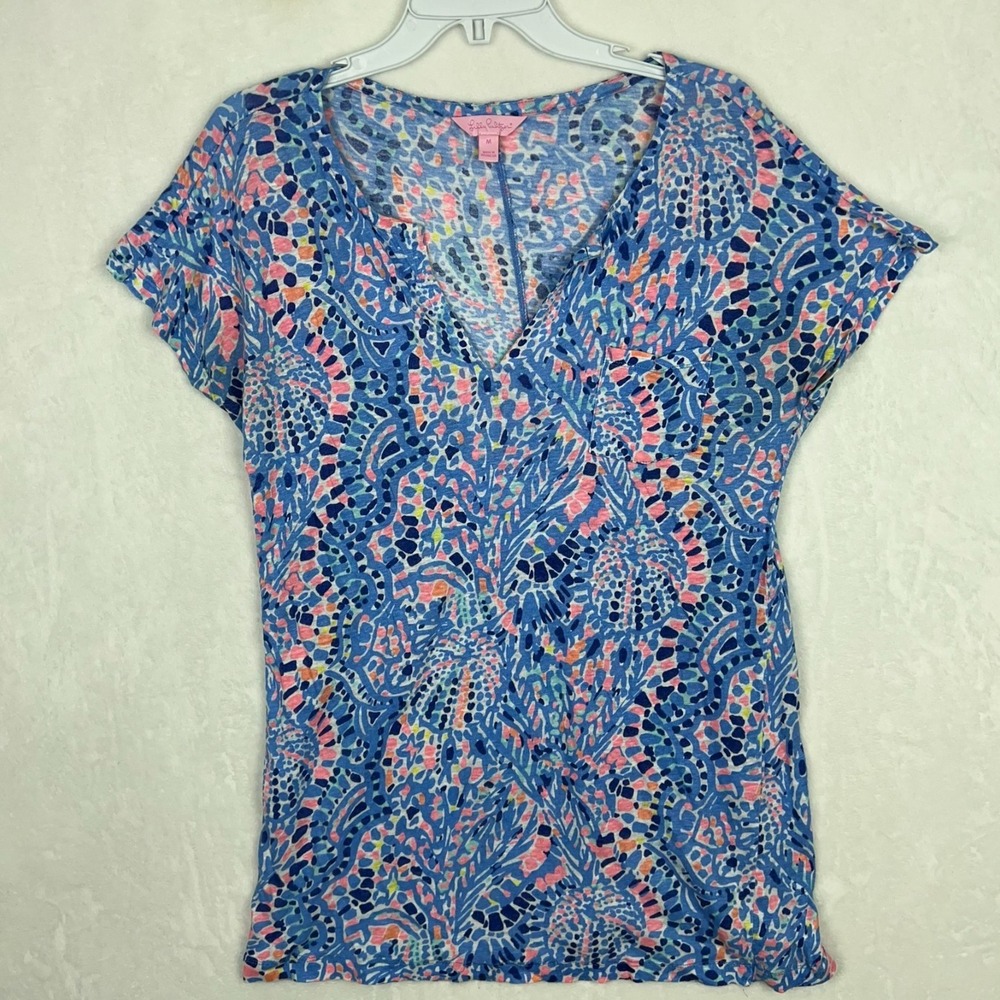 Lilly Pulitzer Duval Top‎ Womens Medium Tic Tac Blue Short Sleeve V Neck Shirt